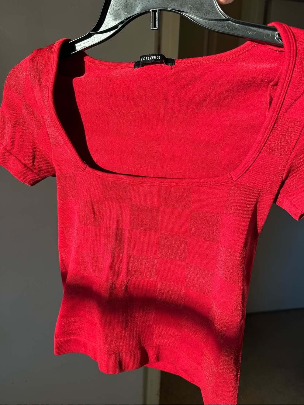 Forever 21 Red Square Neck Short Sleeve Fitted Top with Checkered Print